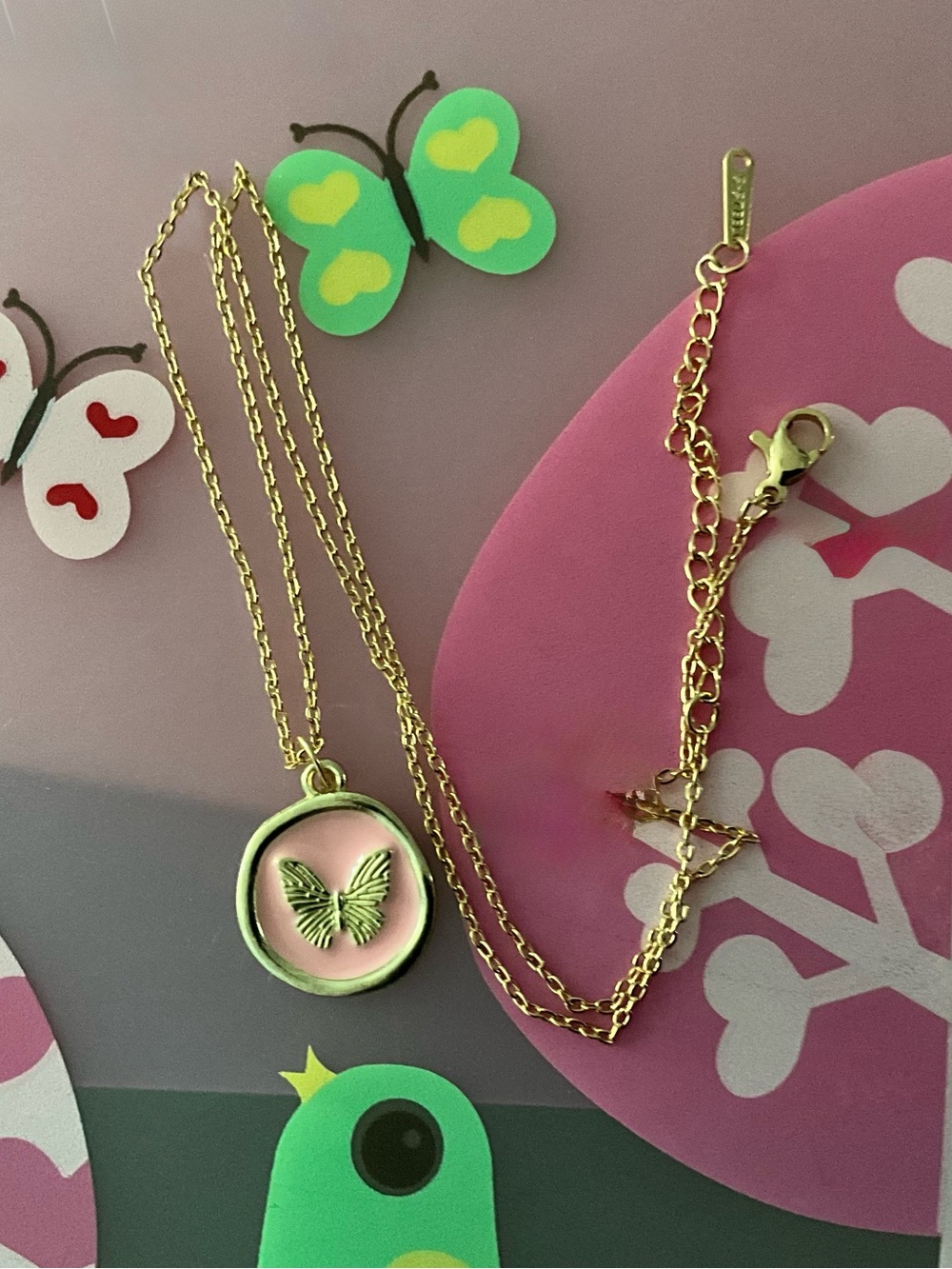 NWT Pink Butterfly Necklace Gold Stainless Steel